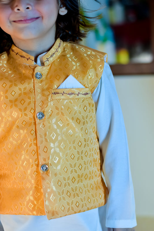 Golden Waistcoat Kurta Set with Traditional Dhoti