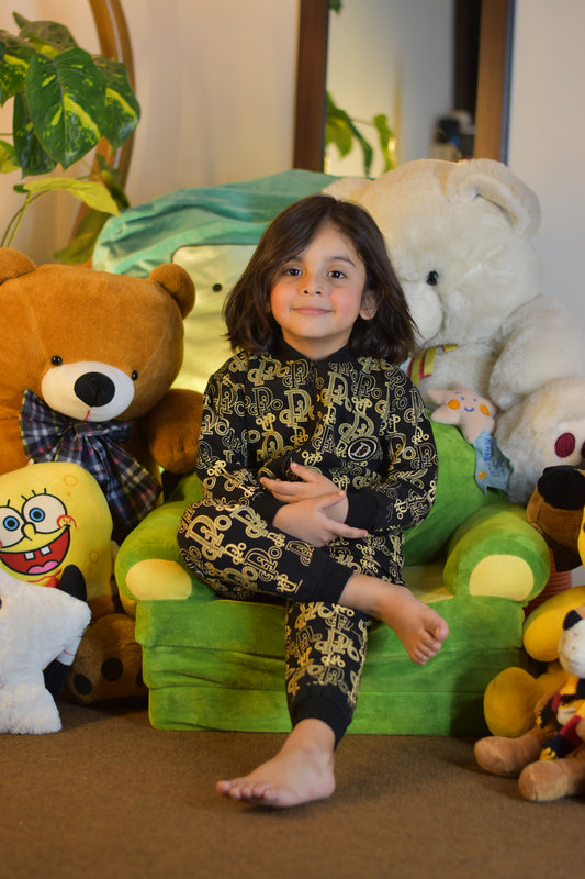 Black & Gold Printed Kids Tracksuit