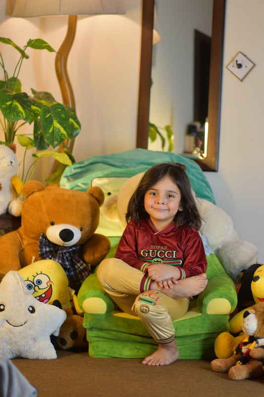 Maroon & Beige Kids Velvet Printed Winter Suit