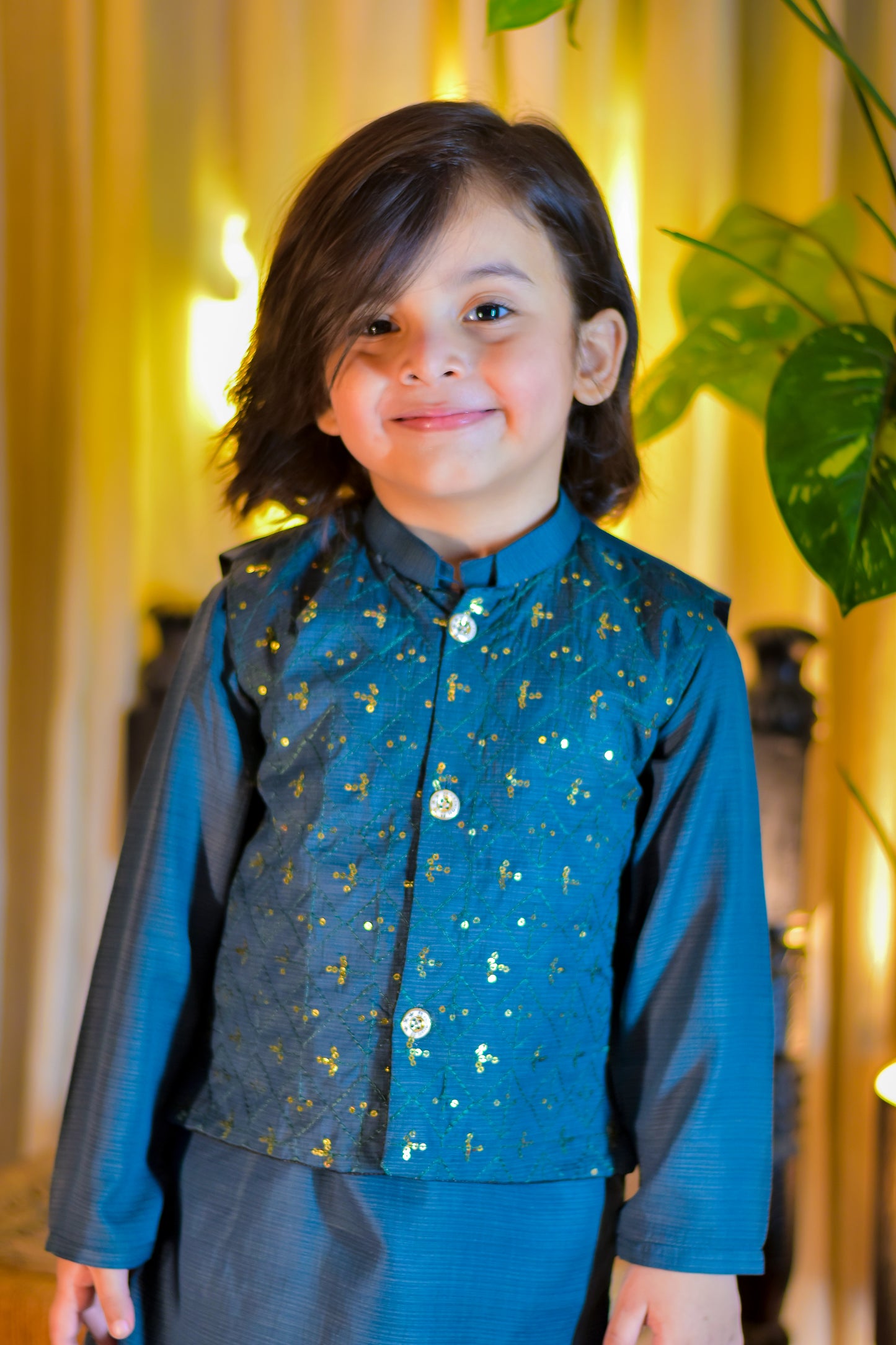 Teal Blue Kurta with Embellished Waistcoat Set