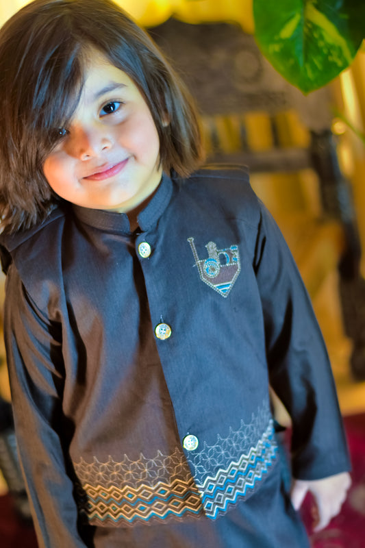 Black Kurta with Embroidered Waistcoat Set