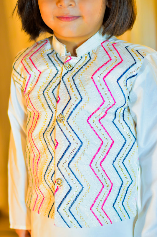 White Kurta Suit with Multicolor Embroidered Waistcoat Set