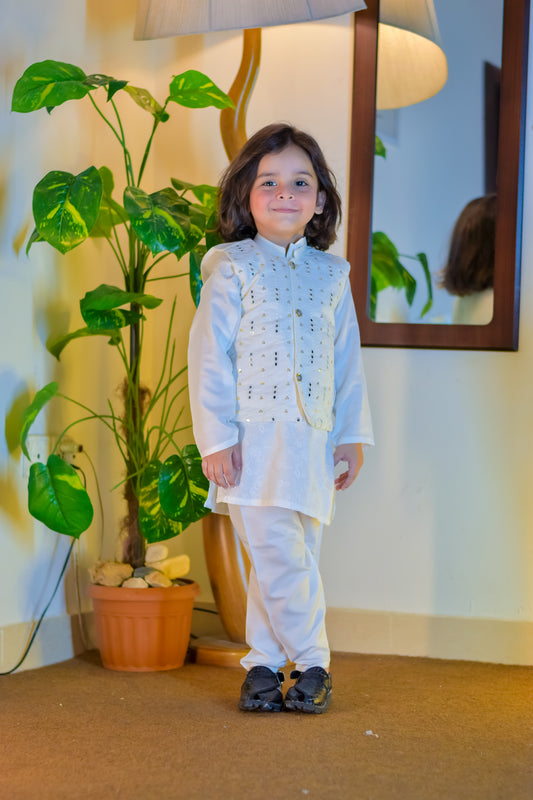 White Festive Kurta & Waistcoat Set