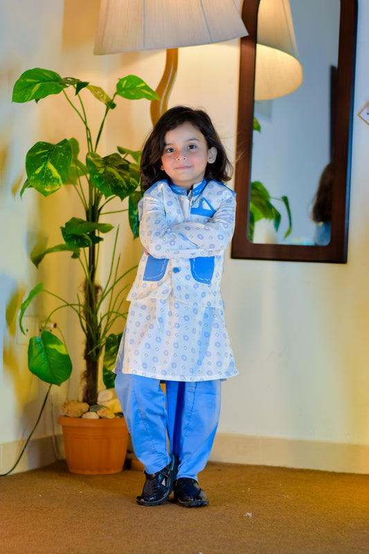 Blue & White Printed Kurta & waistcoat Set