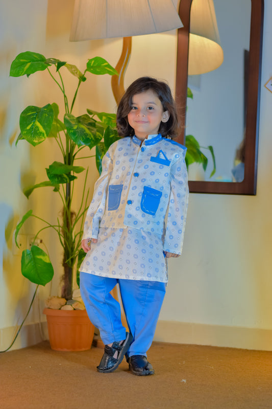 Blue & White Printed Kurta & waistcoat Set