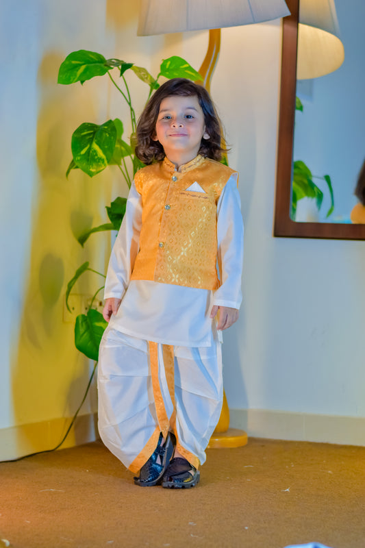 Golden Waistcoat Kurta Set with Traditional Dhoti