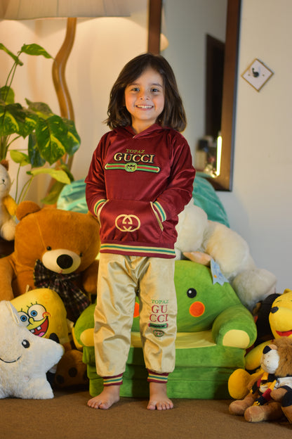 Maroon & Beige Kids Velvet Printed Winter Suit