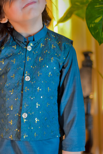 Teal Blue Kurta with Embellished Waistcoat Set