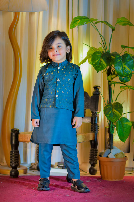 Teal Blue Kurta with Embellished Waistcoat Set