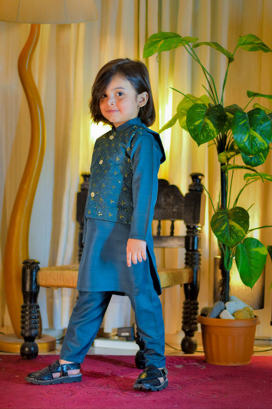 Teal Blue Kurta with Embellished Waistcoat Set