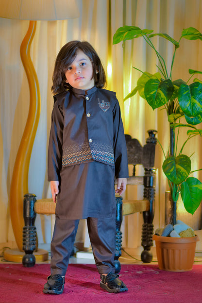 Black Kurta with Embroidered Waistcoat Set