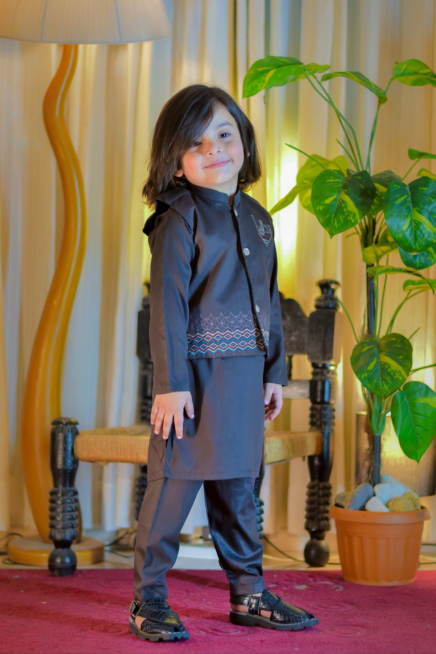 Black Kurta with Embroidered Waistcoat Set