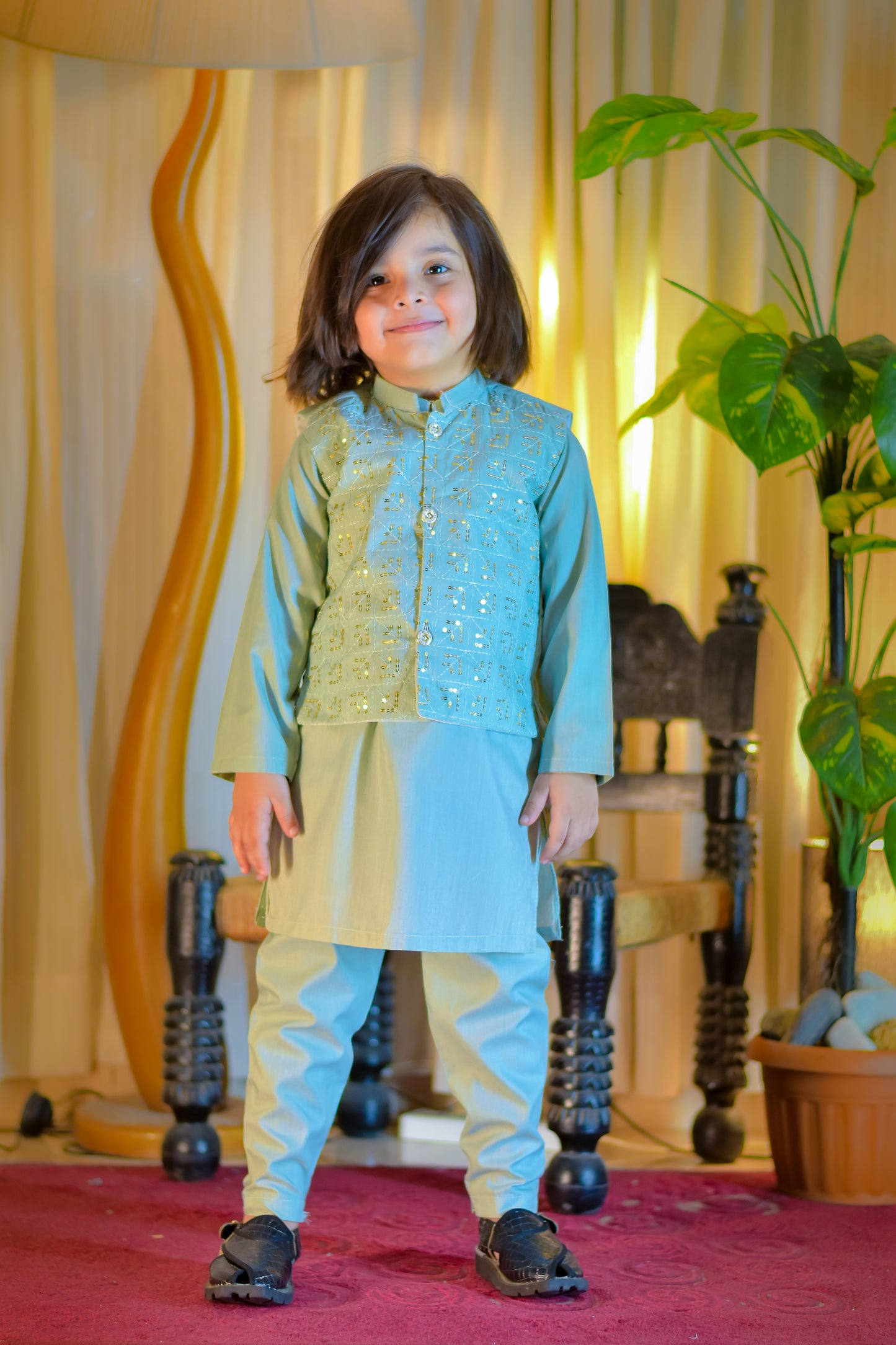 Mint Green Kurta with Embellished Waistcoat Set