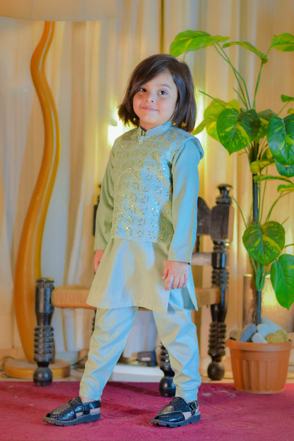 Mint Green Kurta with Embellished Waistcoat Set