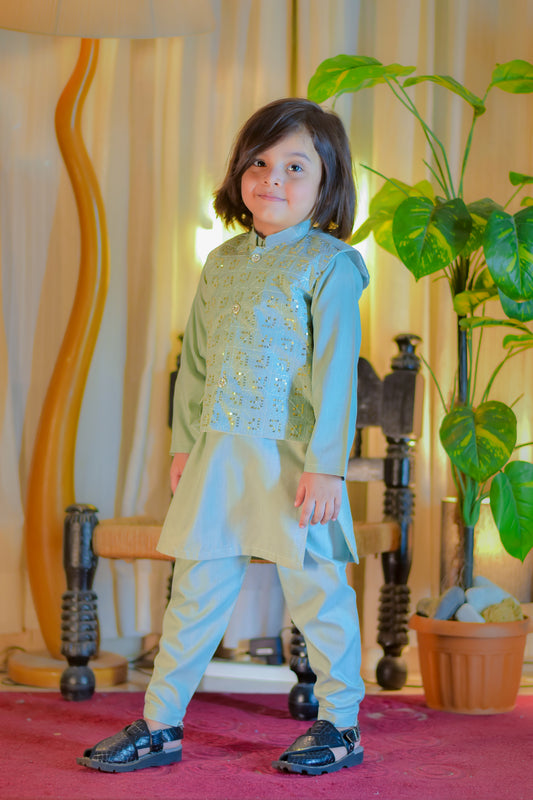 Mint Green Kurta with Embellished Waistcoat Set