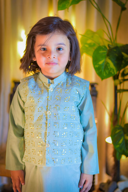 Mint Green Kurta with Embellished Waistcoat Set