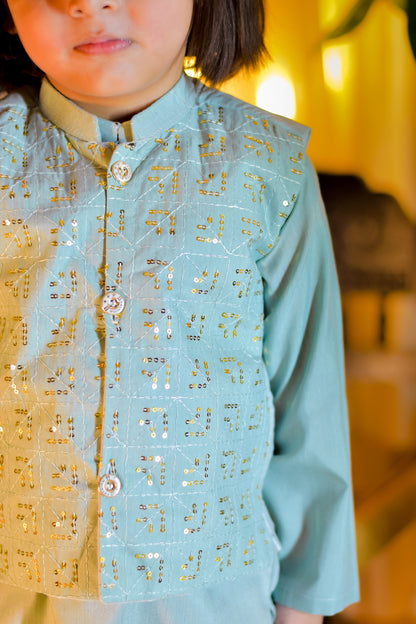 Mint Green Kurta with Embellished Waistcoat Set