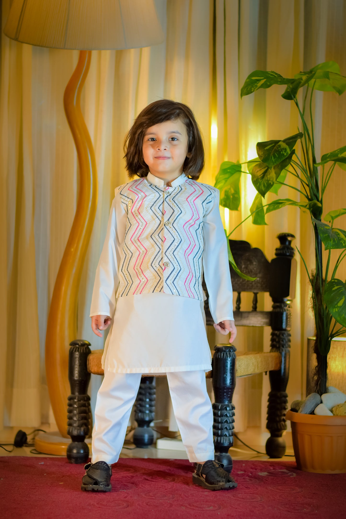 White Kurta Suit with Multicolor Embroidered Waistcoat Set