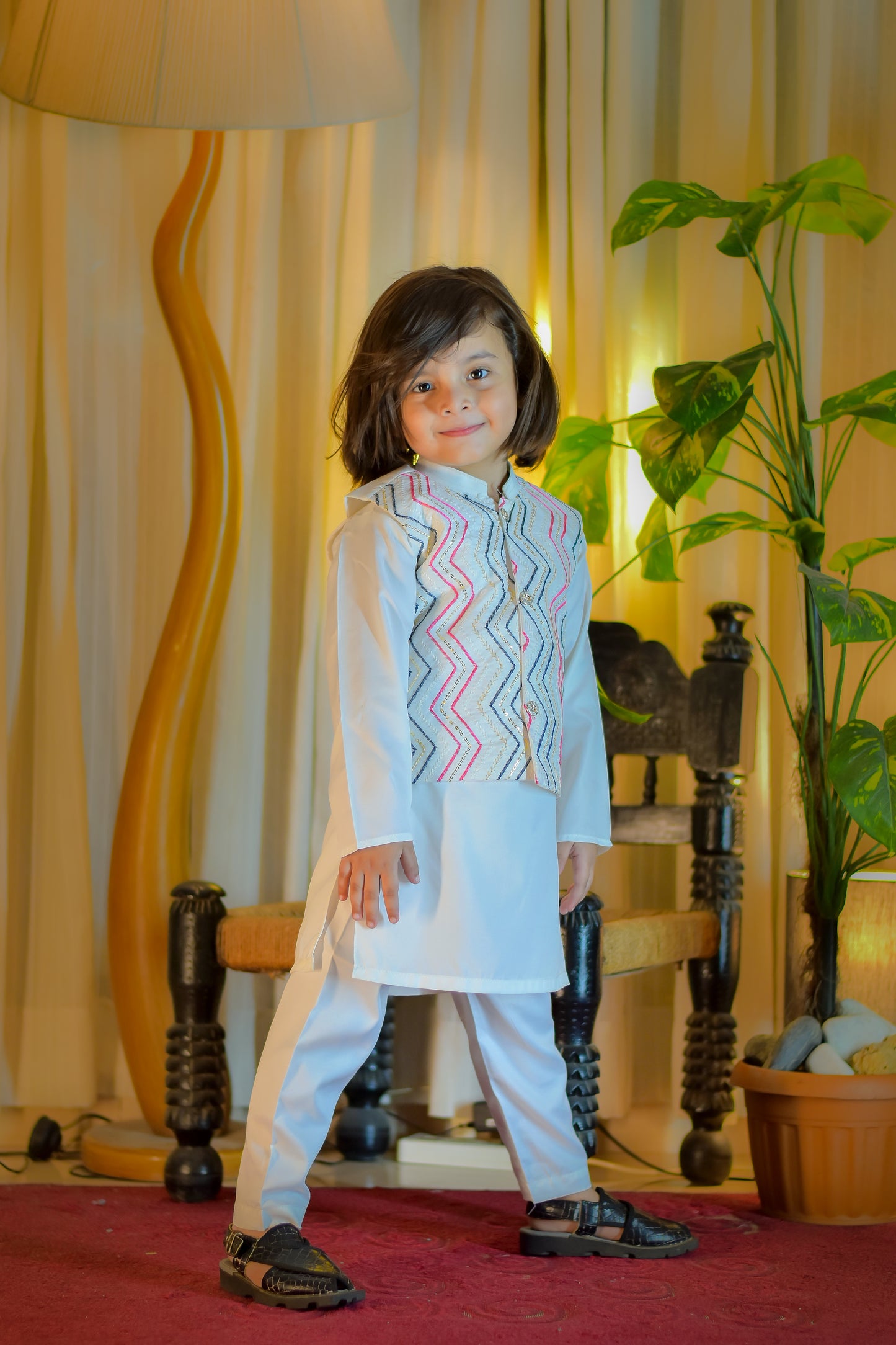 White Kurta Suit with Multicolor Embroidered Waistcoat Set