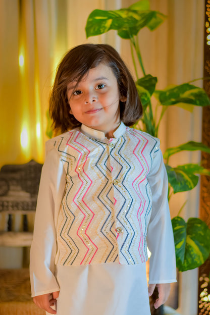 White Kurta Suit with Multicolor Embroidered Waistcoat Set