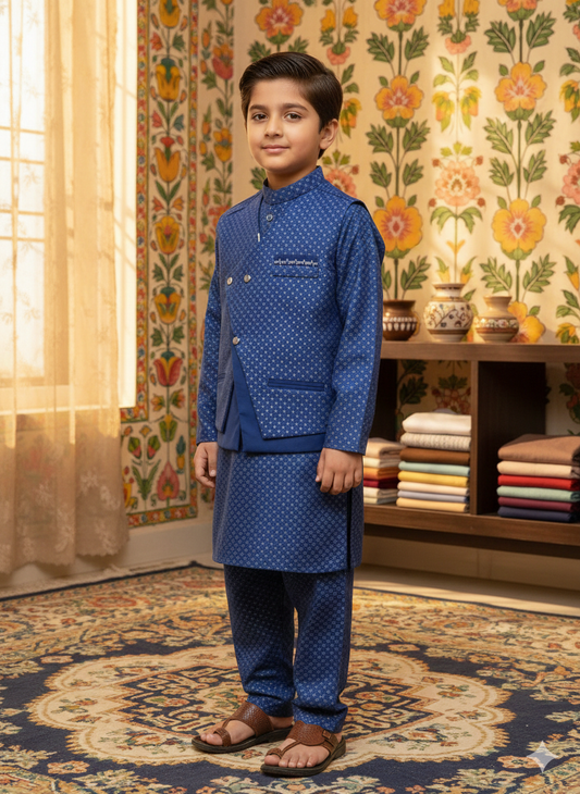 Navy Blue Kurta Suit with Patterned Waistcoat Set