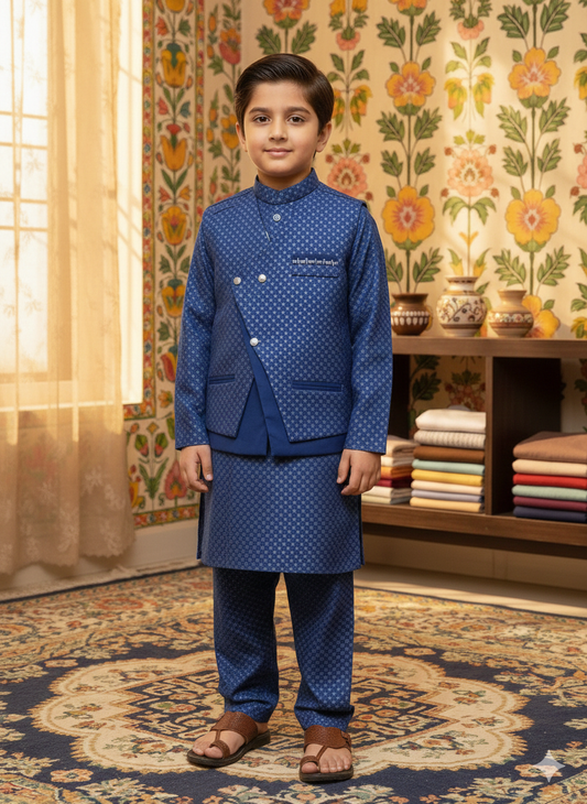Navy Blue Kurta Suit with Patterned Waistcoat Set