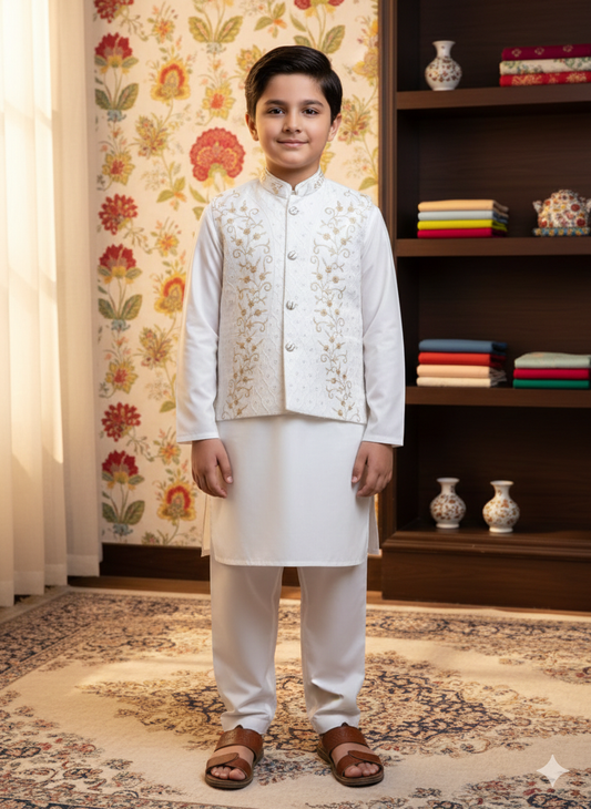 White Kurta Suit with Embroidered Waistcoat Set