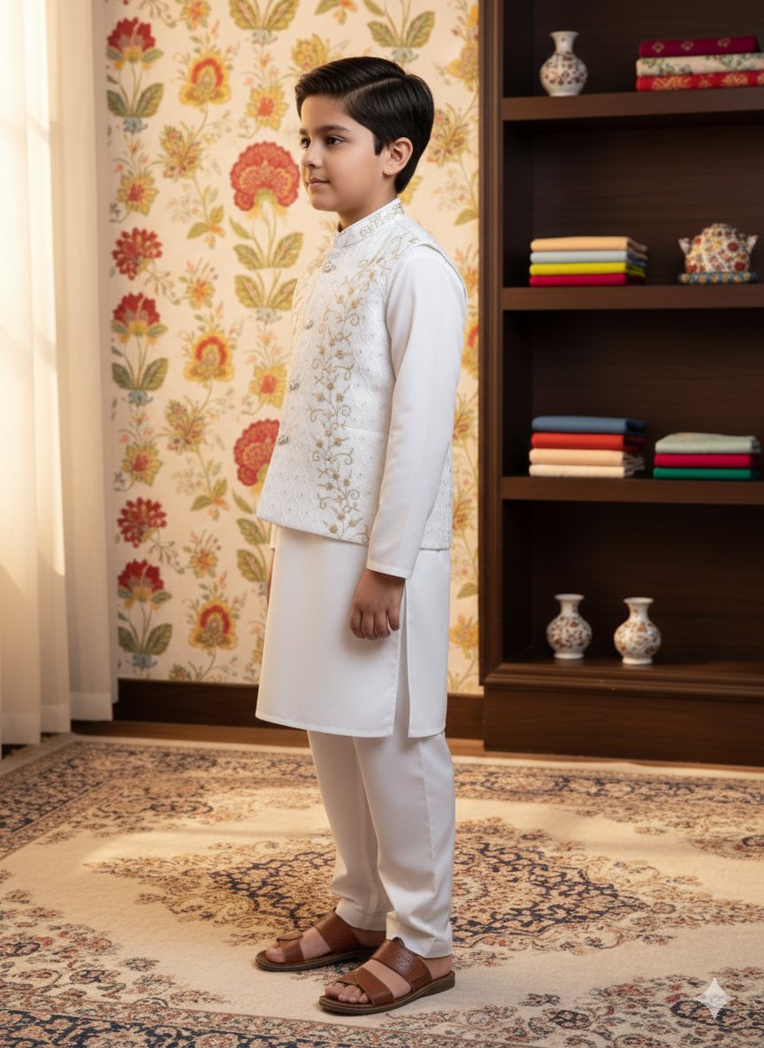 White Kurta Suit with Embroidered Waistcoat Set