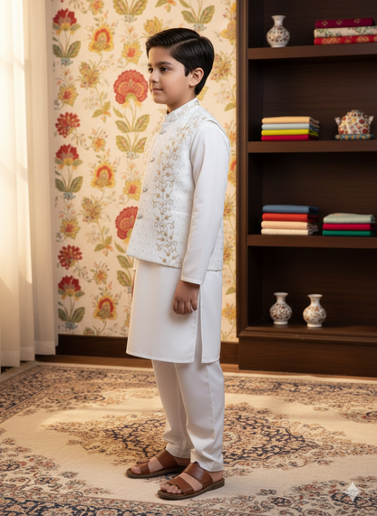 White Kurta Suit with Embroidered Waistcoat Set