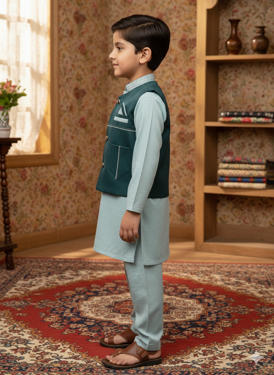 Mint Green Kurta Suit with Contrast Waistcoat Set
