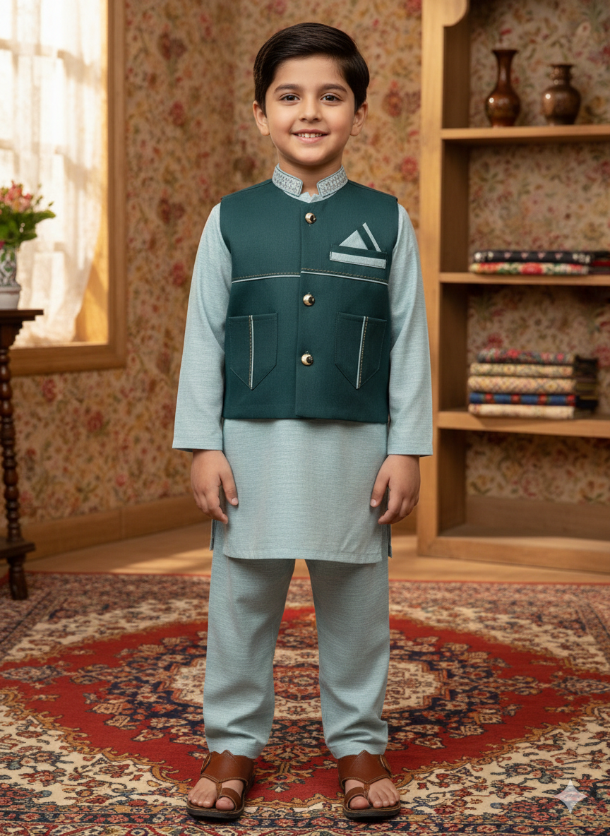 Mint Green Kurta Suit with Contrast Waistcoat Set