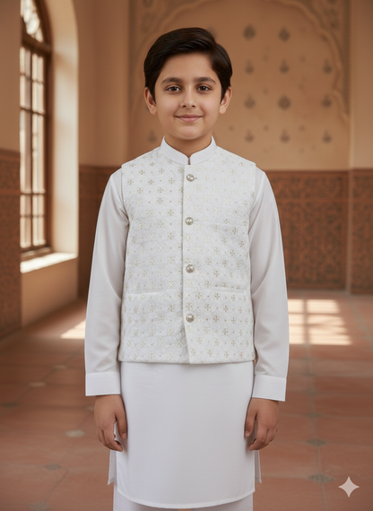 Off White Kurta Suit with Textured Waistcoat Set