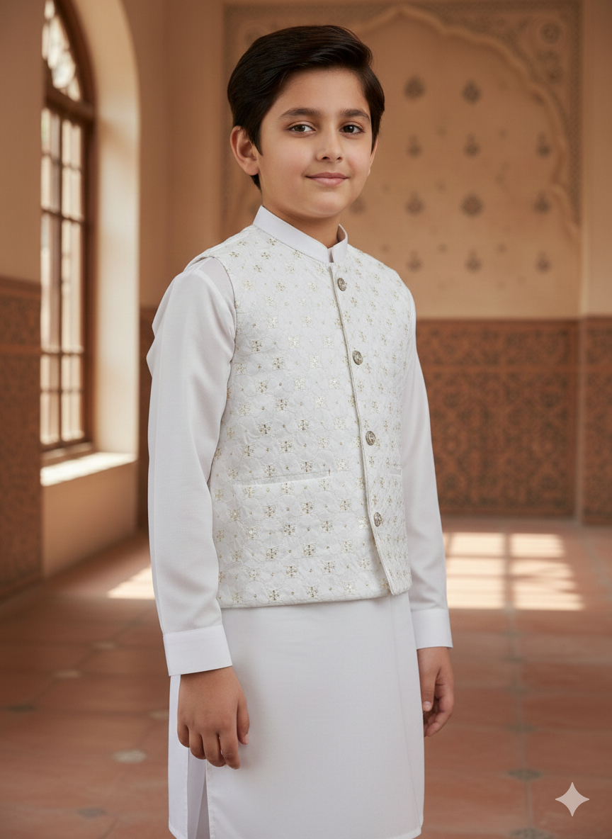 Off White Kurta Suit with Textured Waistcoat Set