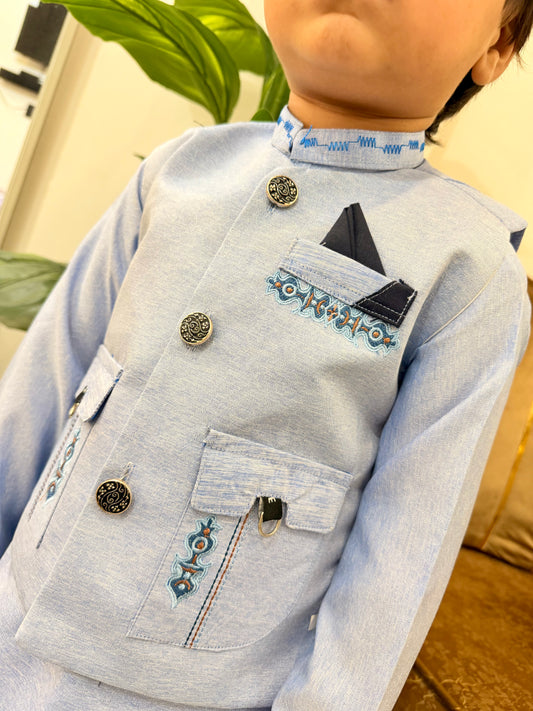 Sky Blue Kurta Suit with Designer Waistcoat Style Set