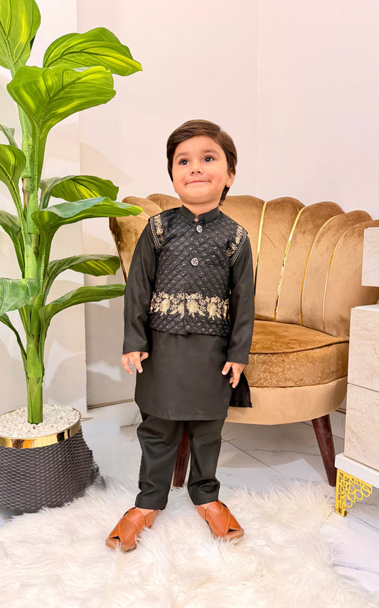 Black Kurta Suit with Embroidered Waistcoat Set