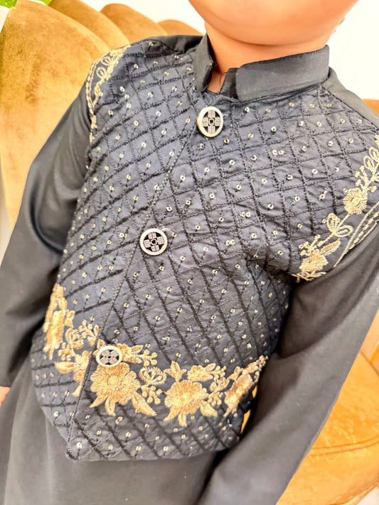 Black Kurta Suit with Embroidered Waistcoat Set