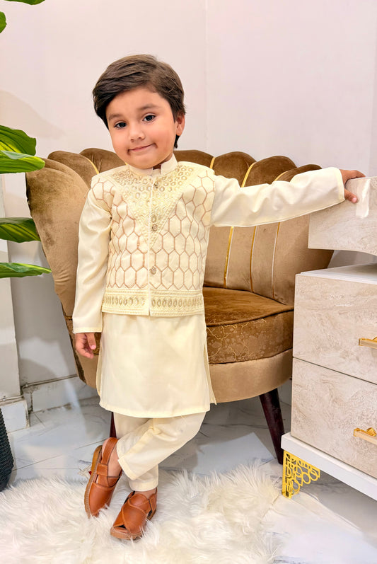 Cream Embroidered Kurta Suit with Designer Waistcoat