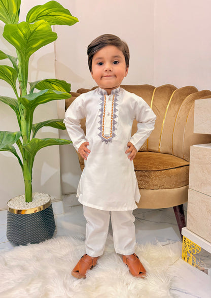 White Kurta Suit with Elegant Embroidered Neckline