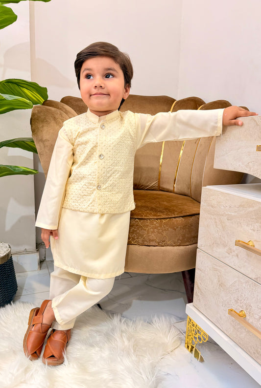 Light Cream Kurta Suit with Textured Waistcoat Set