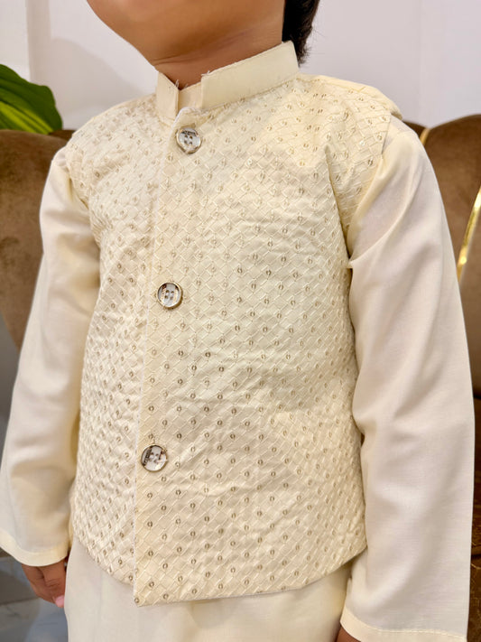 Light Cream Kurta Suit with Textured Waistcoat Set