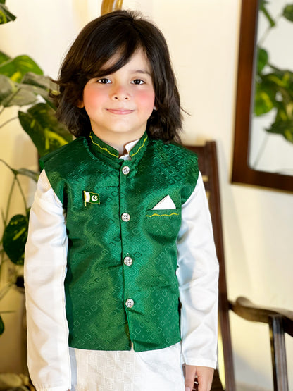 14th August Green & White Dhoti Kurta Set for Boys