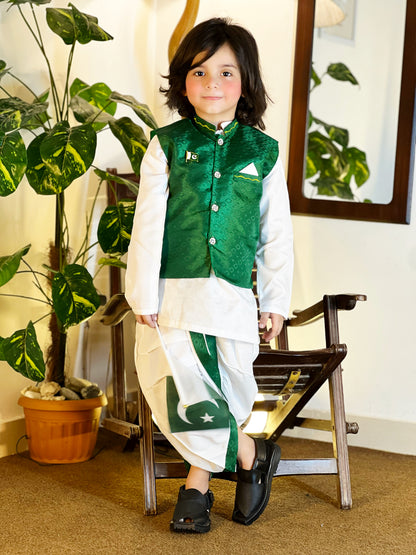 14th August Green & White Dhoti Kurta Set for Boys