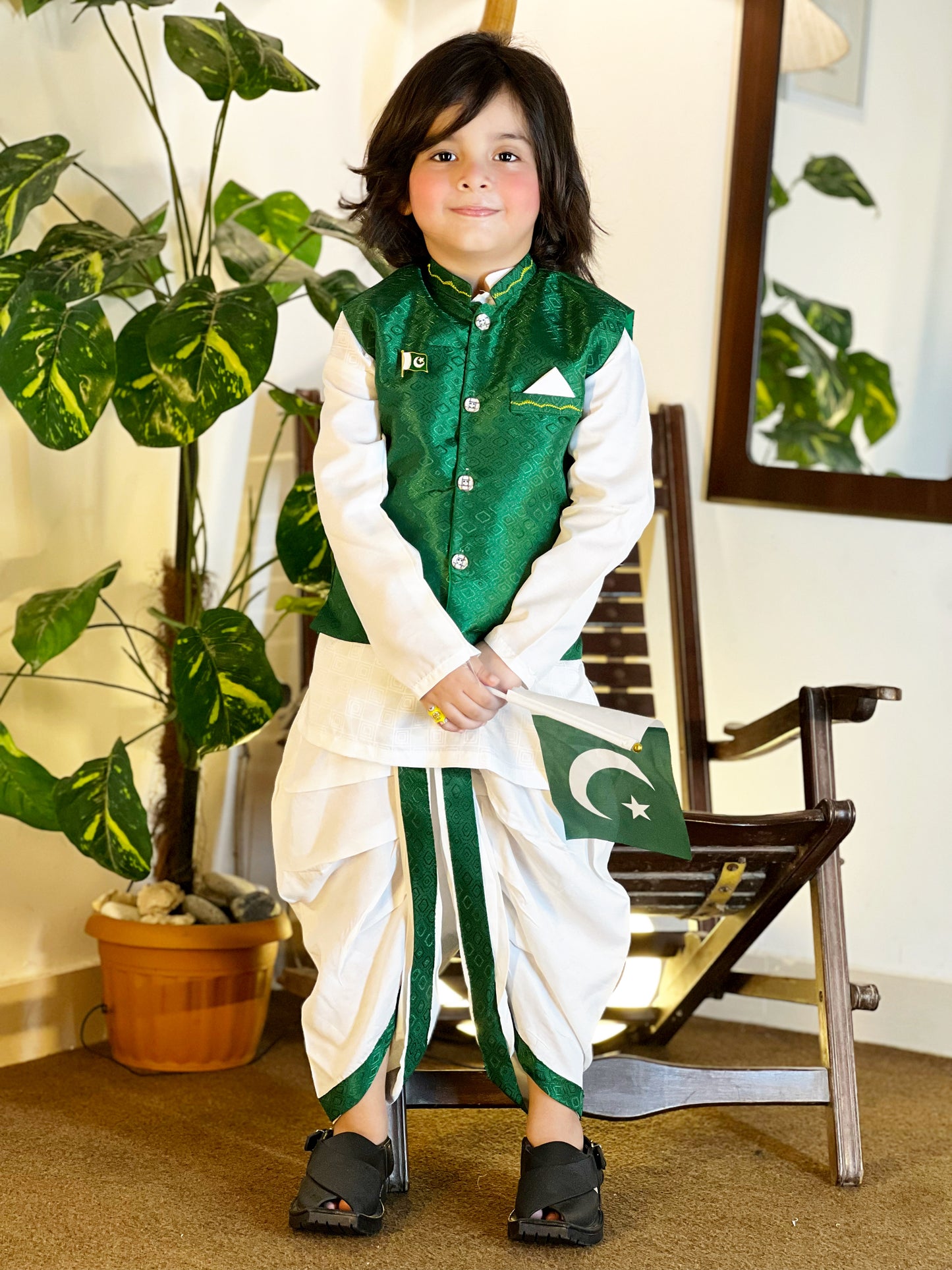 14th August Green & White Dhoti Kurta Set for Boys