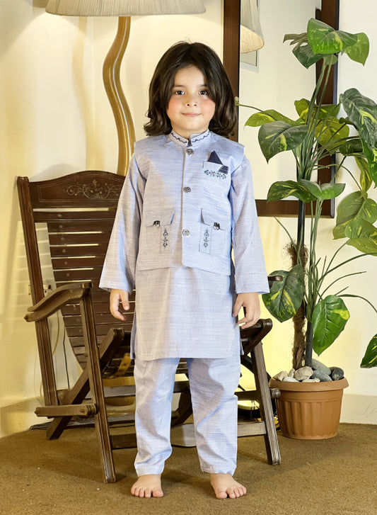 Sky Blue Kurta Suit with Designer Waistcoat Style Set